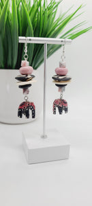 Length: 3.5 inches | Weight: 1 ounce  Distinctly You! These earrings are made with ethnic print wooden hand painted elephants, white Batik bone discs, black Ashanti glass rondelles, pink ceramic rondelles, pink and grey marble crystal cube.