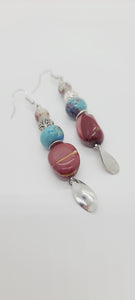 Length: 3.5 inches | Weight: 0.6 ounces  Distinctly You! These earrings are made with 16mm and 12mm Jasper stone beads, 8mm  multi-colored blue brown white glass beads, and silver charms.