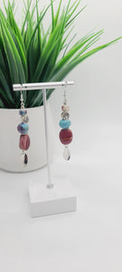 Length: 3.5 inches | Weight: 0.6 ounces  Distinctly You! These earrings are made with 16mm and 12mm Jasper stone beads, 8mm  multi-colored blue brown white glass beads, and silver charms.