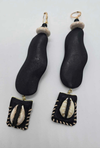 Black Bean Shape Wood and Cowrie shell and Leather Earrings (Ethnix 1475)