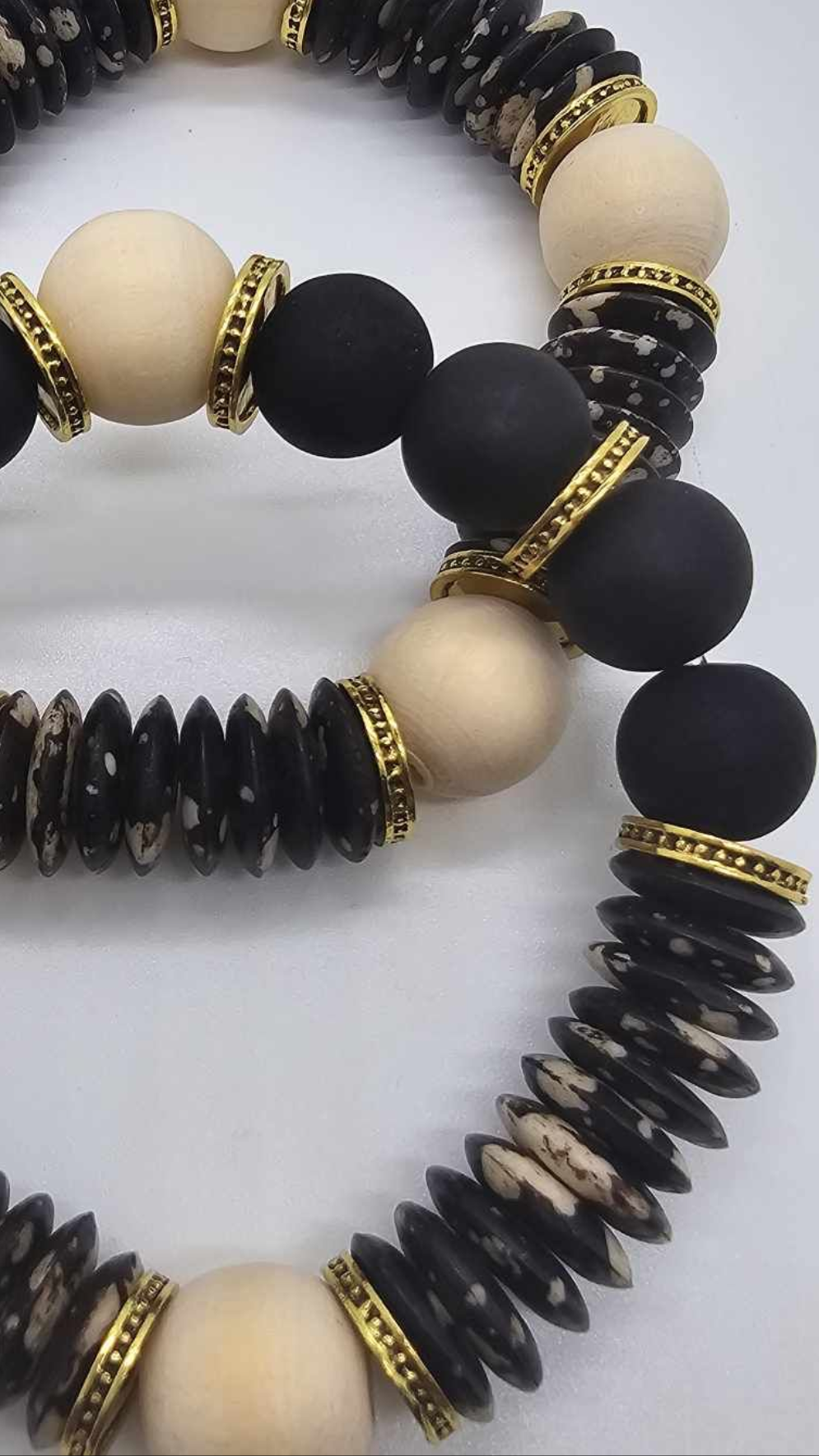 Flat Black Onyx and Natural  Wood Bracelet (Bracelet 1480)