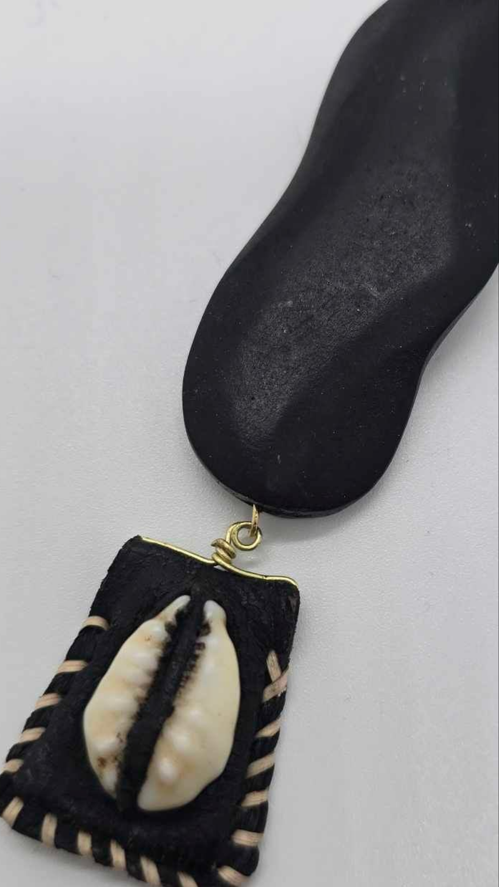 Black Bean Shape Wood and Cowrie shell and Leather Earrings (Ethnix 1475)