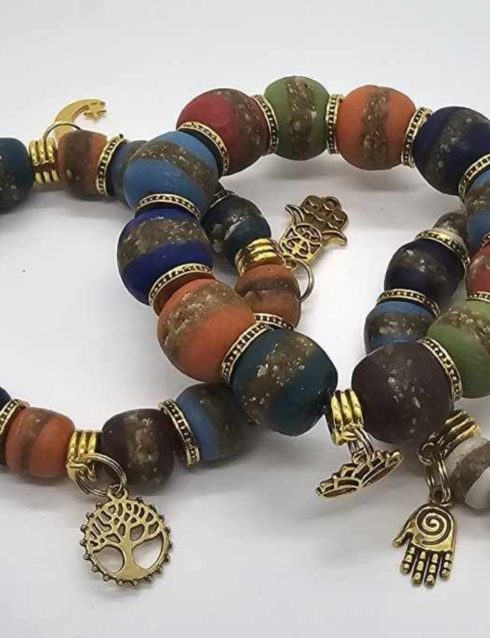 Colorful African Kente Beads and Charm Bracelets (Bracelet 1489)