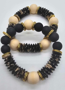 Flat Black Onyx and Natural  Wood Bracelet (Bracelet 1480)