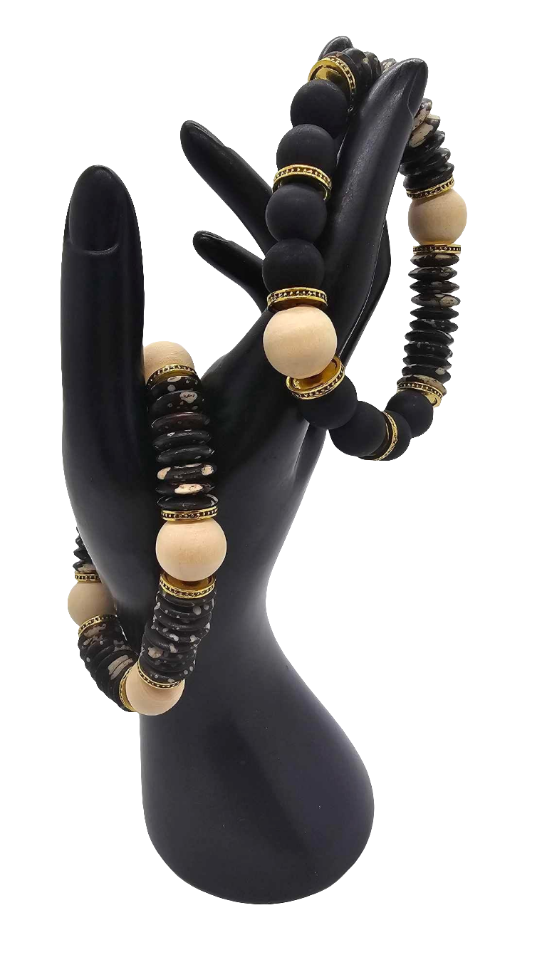 Flat Black Onyx and Natural  Wood Bracelet (Bracelet 1480)