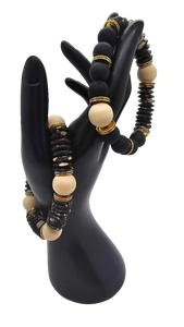 Flat Black Onyx and Natural  Wood Bracelet (Bracelet 1480)