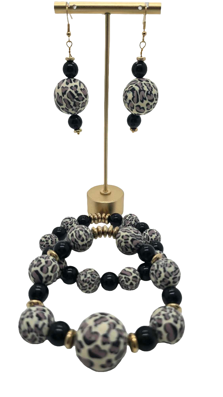 Leopard Clay Beads and Onyx Beads Bracelet and Earring set (Ethnix 1476)