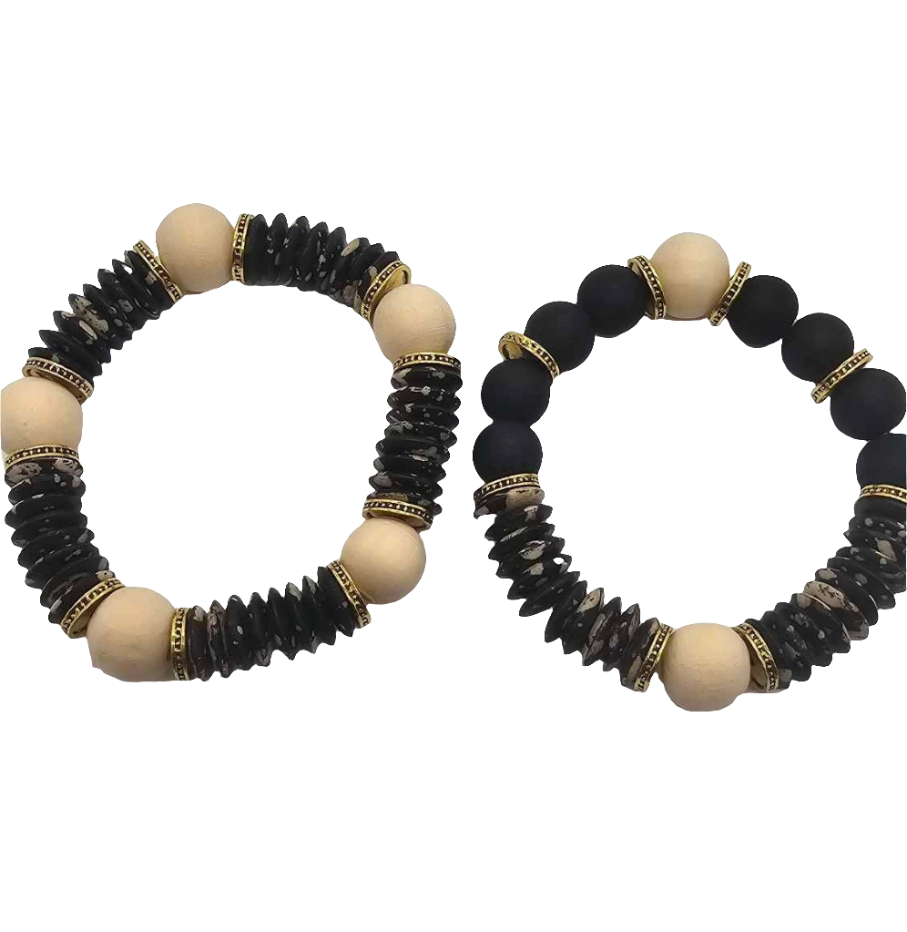 Flat Black Onyx and Natural  Wood Bracelet (Bracelet 1480)