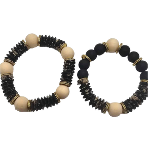 Flat Black Onyx and Natural  Wood Bracelet (Bracelet 1480)