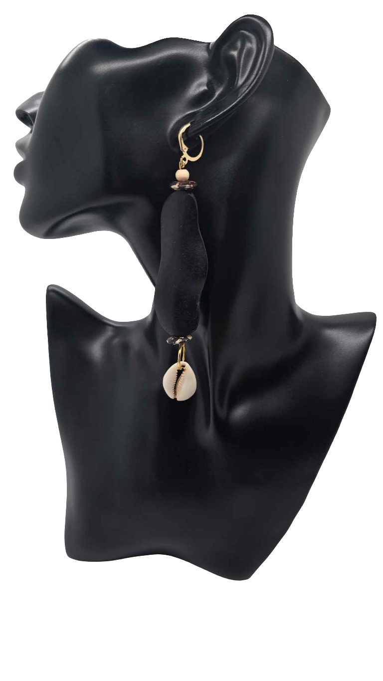 Black Bean Shape Wood and Cowrie Shell Earrings (Ethnix 1467)