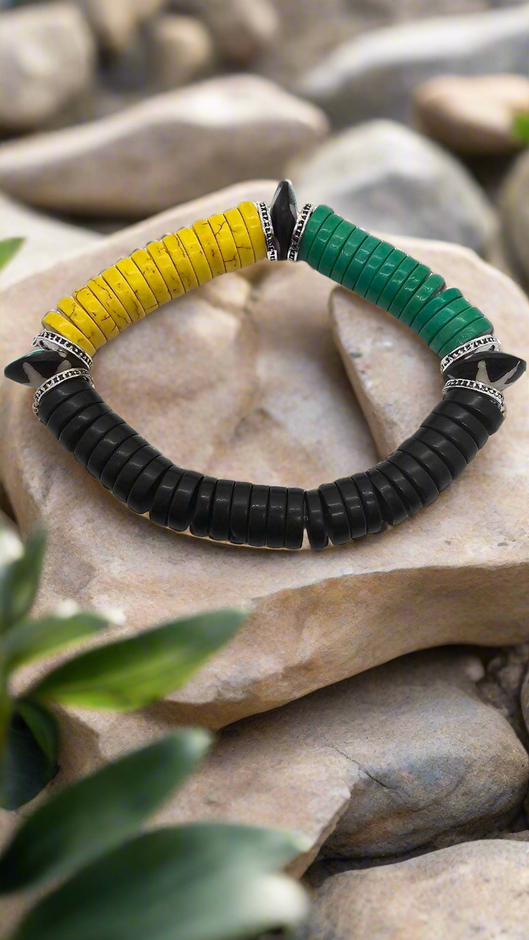 Batik Bone and Yellow, Black and Green Bone Spacers Bracelet (Bracelet 1491)