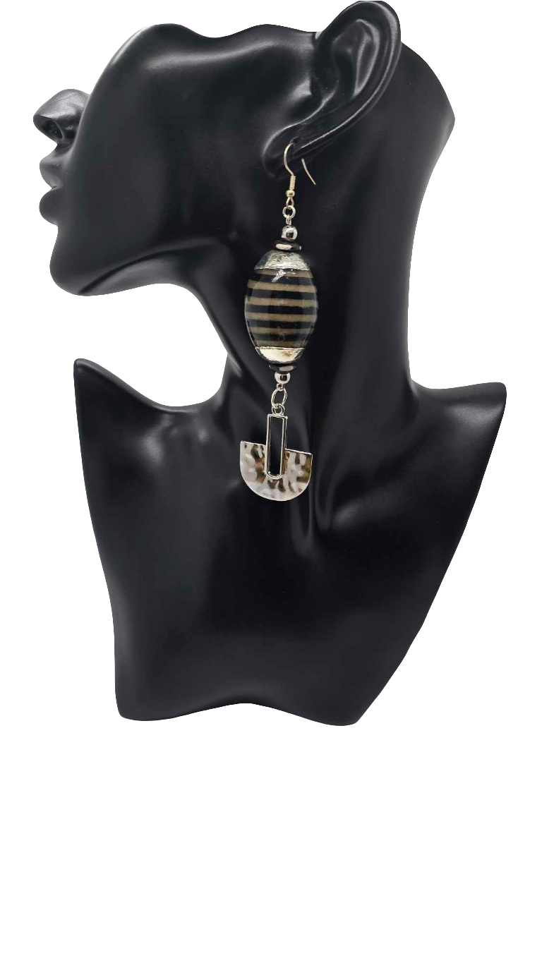 Black Striped and Silver Charm Earrings (Ethnix 1468)