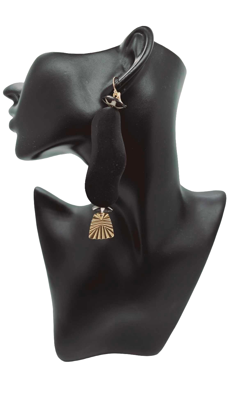 Black Bean Shape Bead and Brass Earrings (Ethnix 1433)