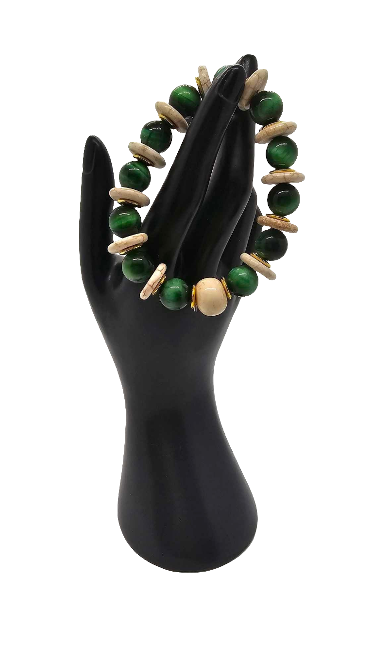 Green Tiger Eye and Ivory Bone Bracelet (Bracelet 1478)