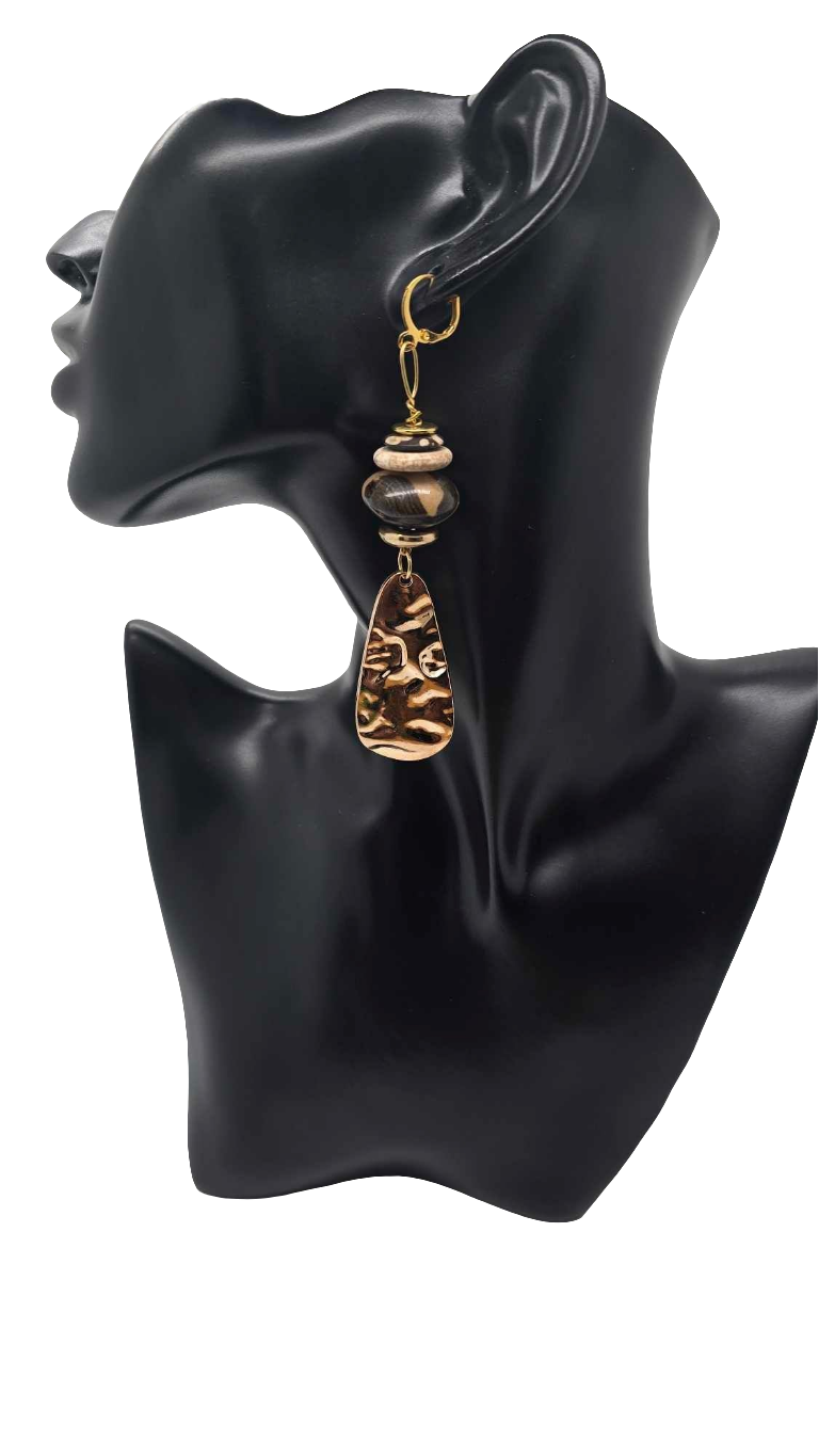 Animal Print Bone Bead and Gold Hammered Charm Earrings (Gold Rush 1473)