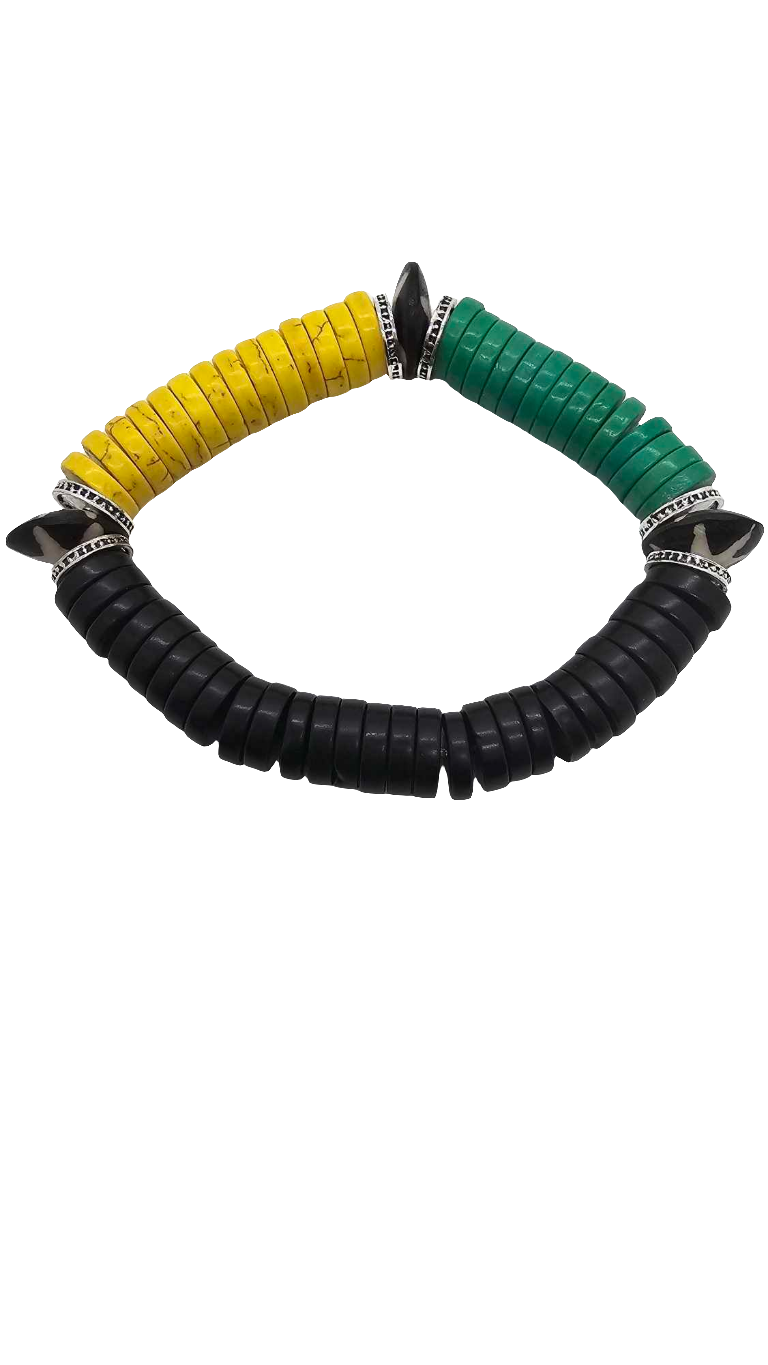 Batik Bone and Yellow, Black and Green Bone Spacers Bracelet (Bracelet 1491)