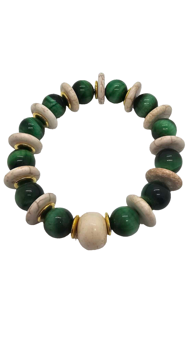 Green Tiger Eye and Ivory Bone Bracelet (Bracelet 1478)