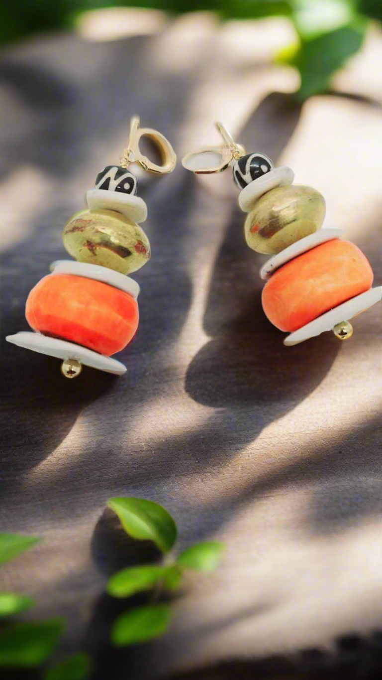 Orange batik bone Earrings (Ethnix 1328)