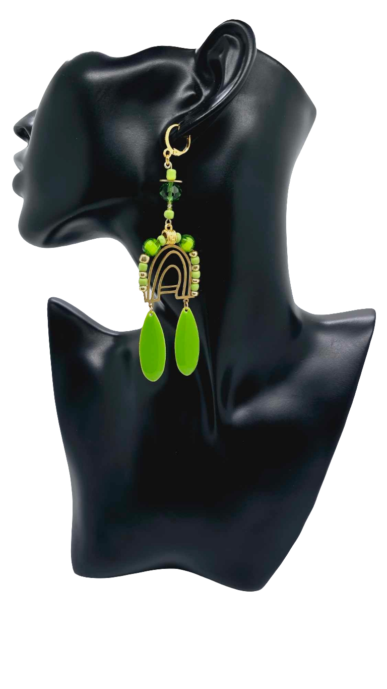 Lime Green and brass earrings! (1276 Mosaic)