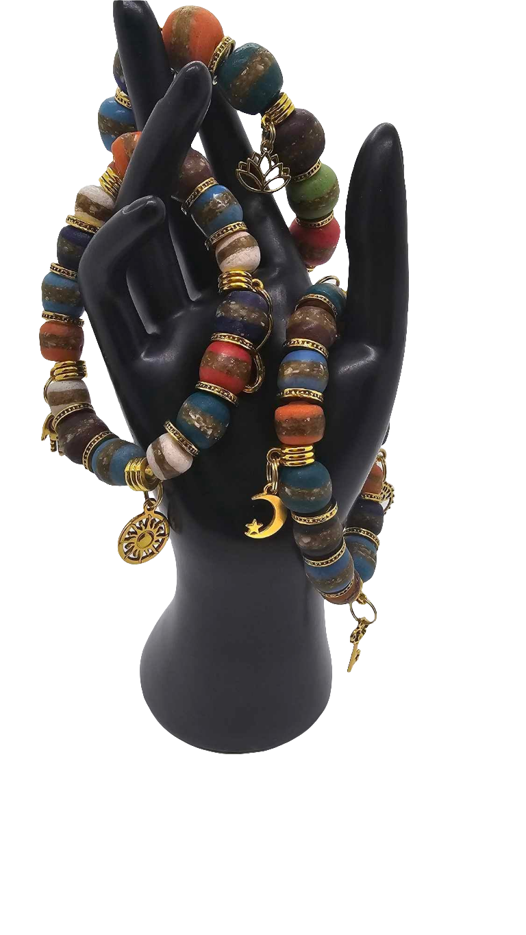 Colorful African Kente Beads and Charm Bracelets (Bracelet 1489)