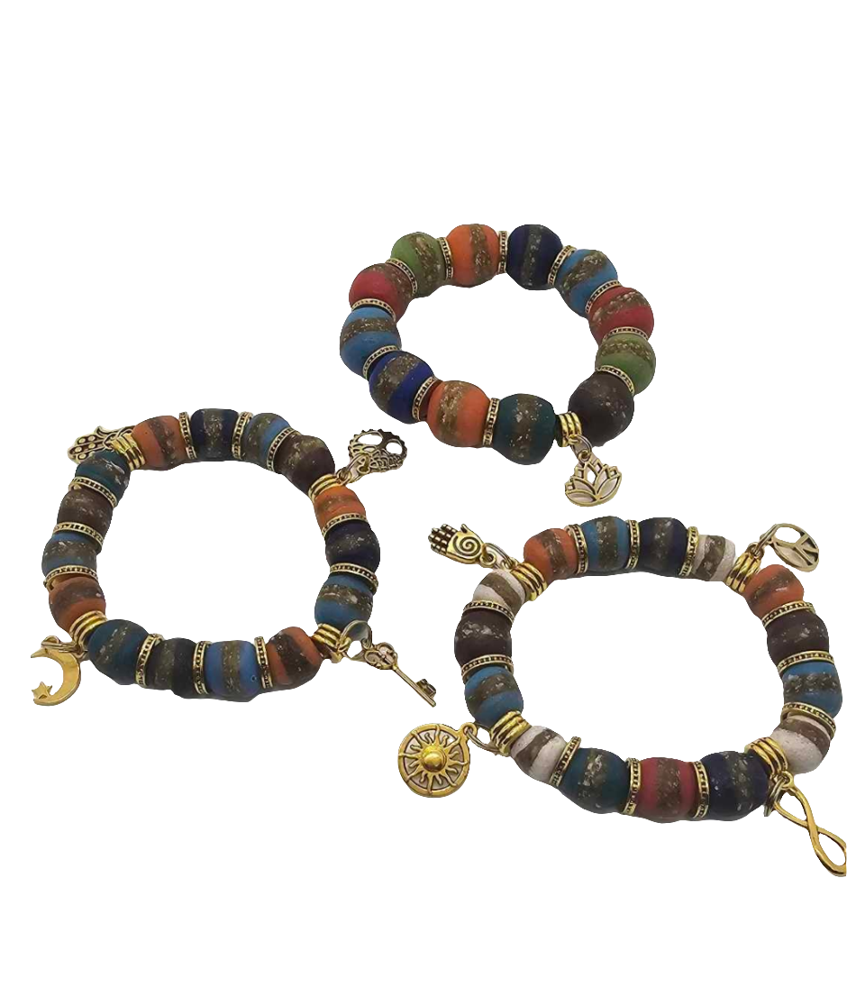 Colorful African Kente Beads and Charm Bracelets (Bracelet 1489)