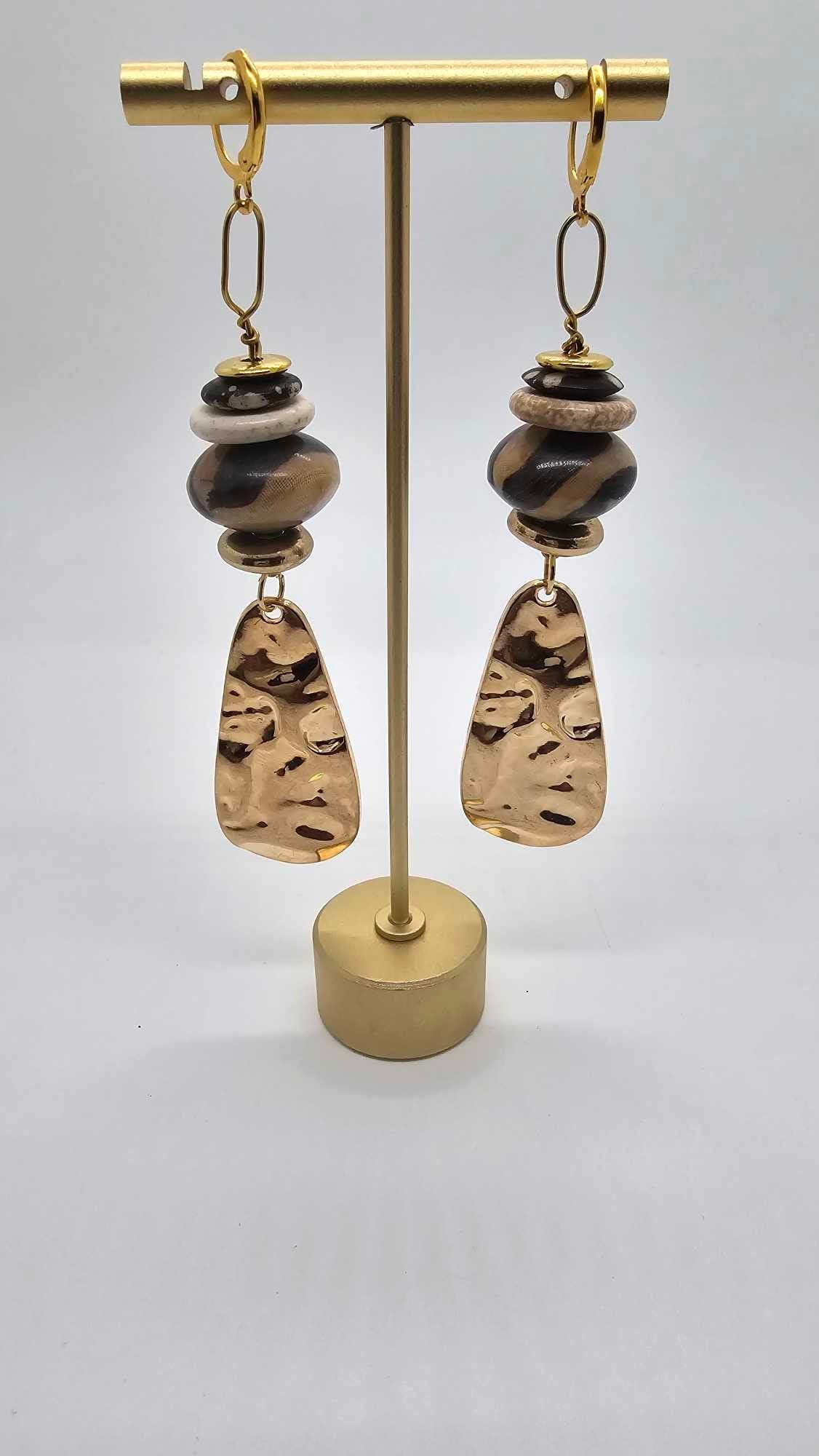 Animal Print Bone Bead and Gold Hammered Charm Earrings (Gold Rush 1473)