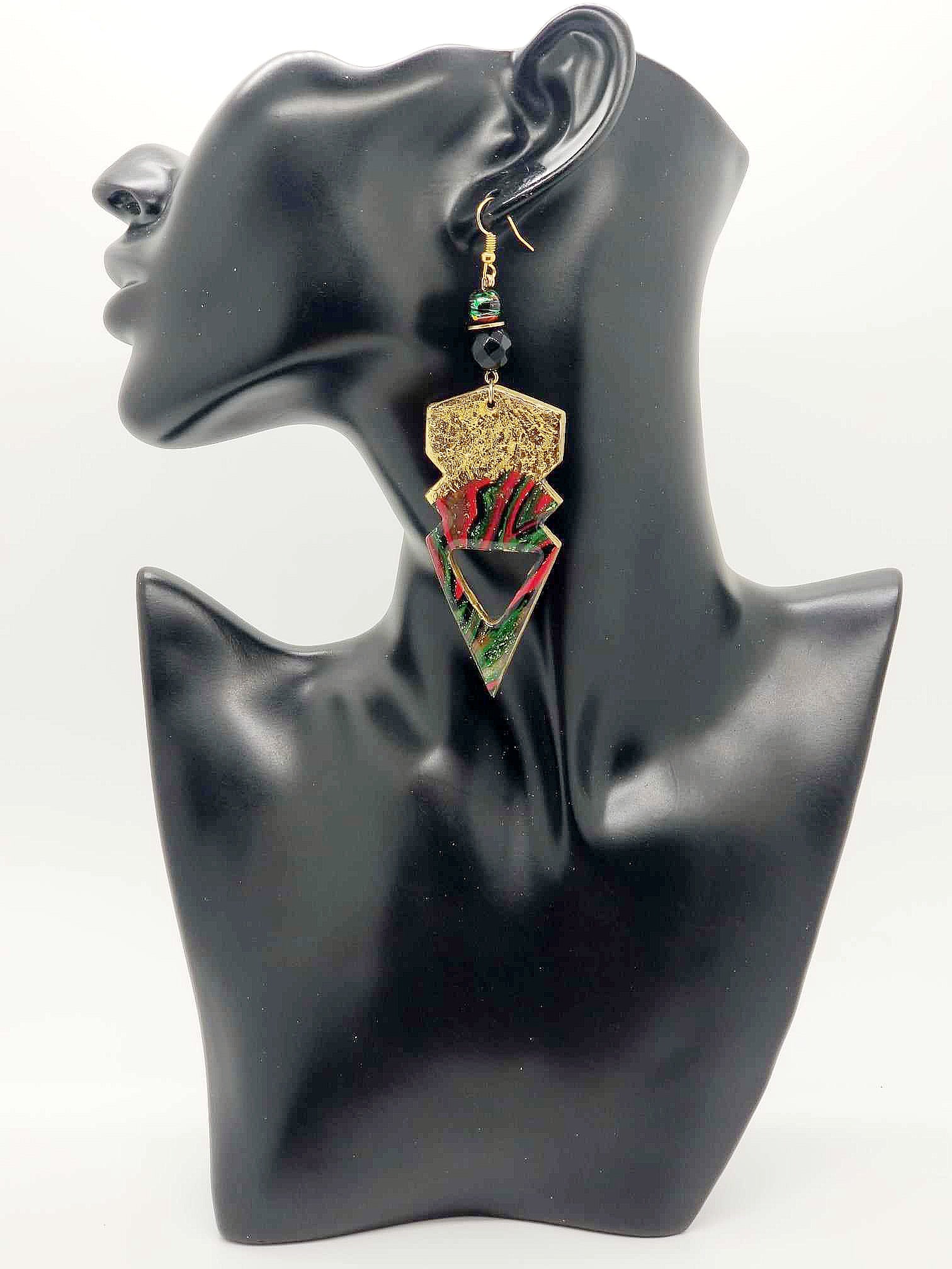 Red Green and Black clay earrings! (Ethnix 1229)