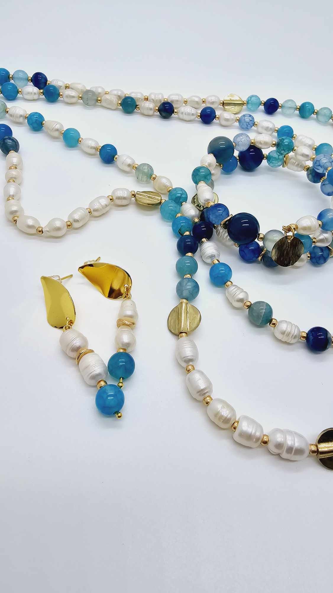 Lake blue agate and freshwater pearl necklace set! (1244 Influencer)
