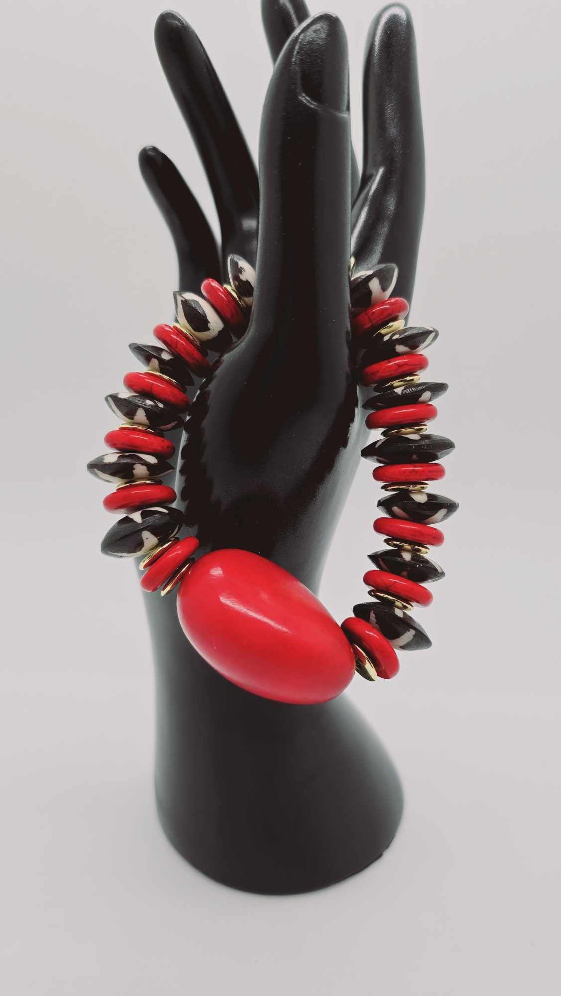 Red, black, white bracelet and earrings set (Ethnix 1386)