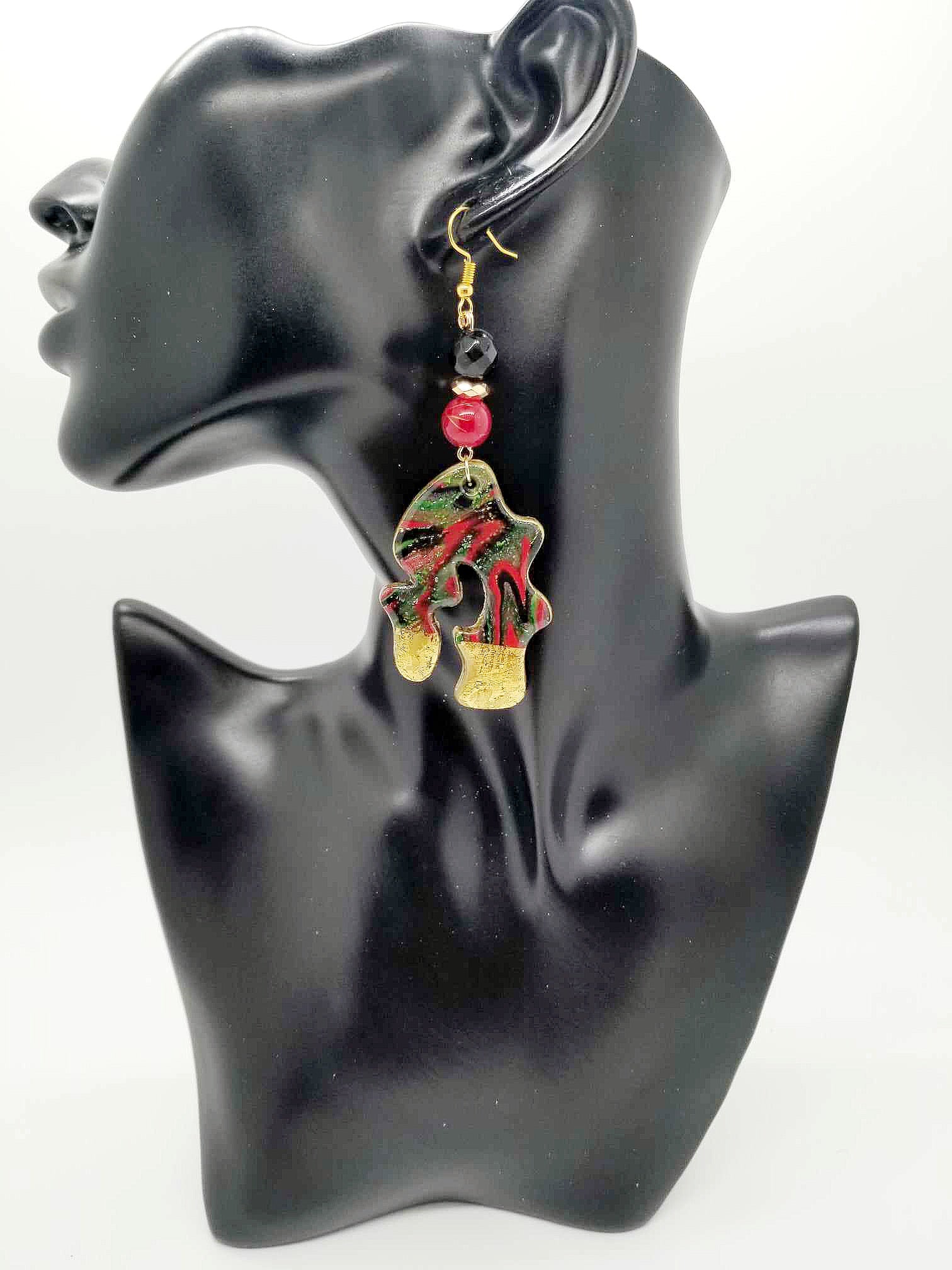 Red Green and Black clay earrings (Ethnix 1181)