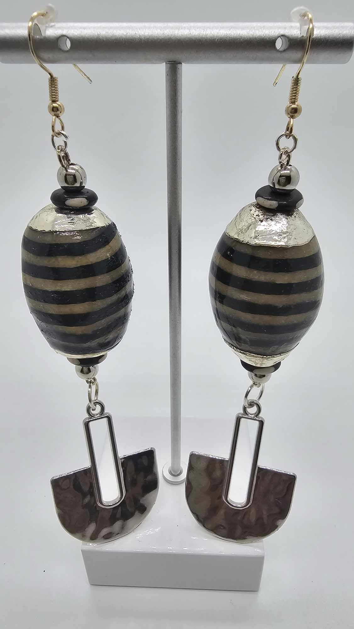 Black Striped and Silver Charm Earrings (Ethnix 1468)