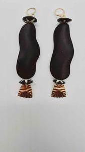 Black Bean Shape Bead and Brass Earrings (Ethnix 1433)