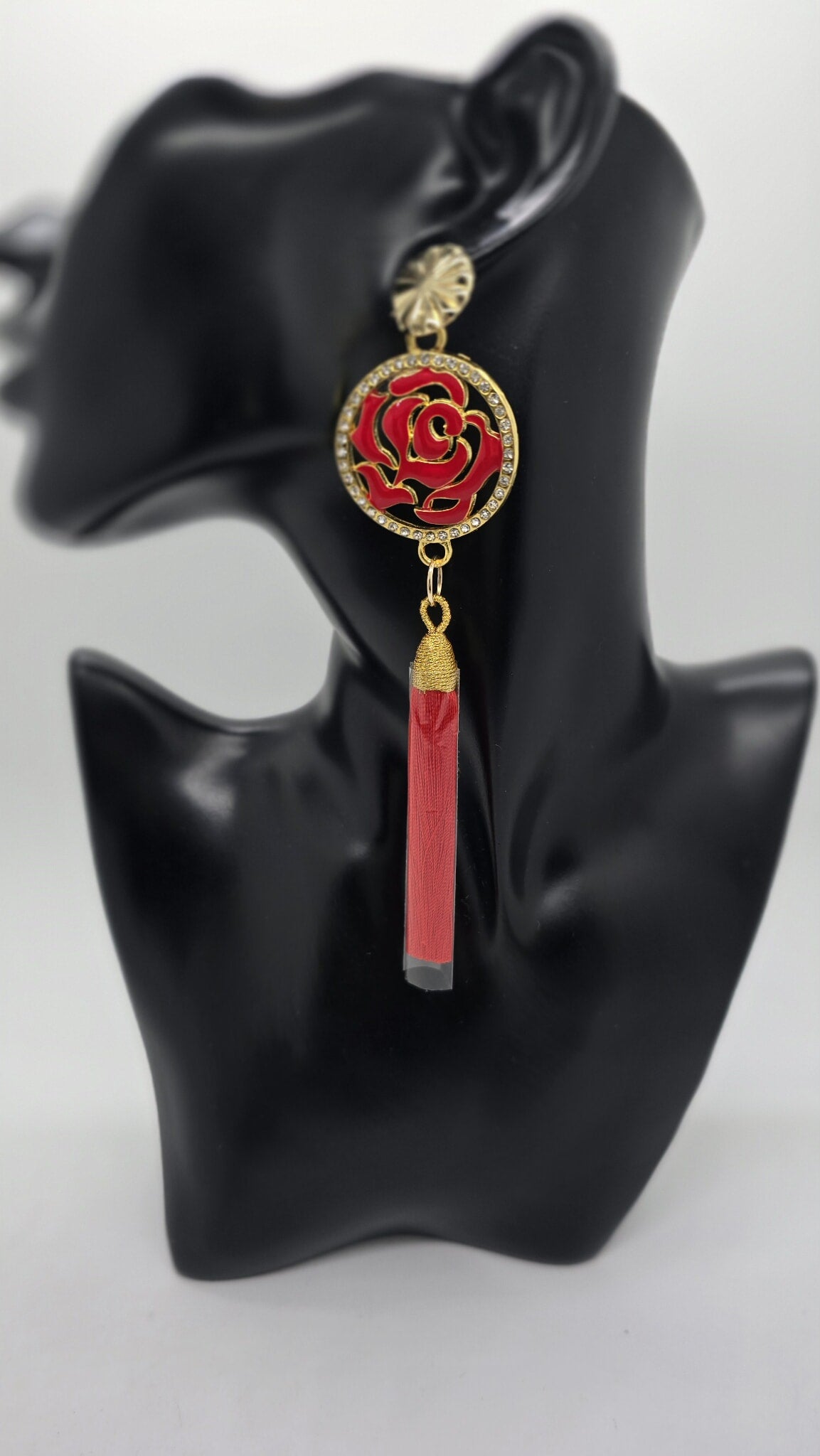 Crimson Bloom Tassel Earrings (Mosaic 1689)