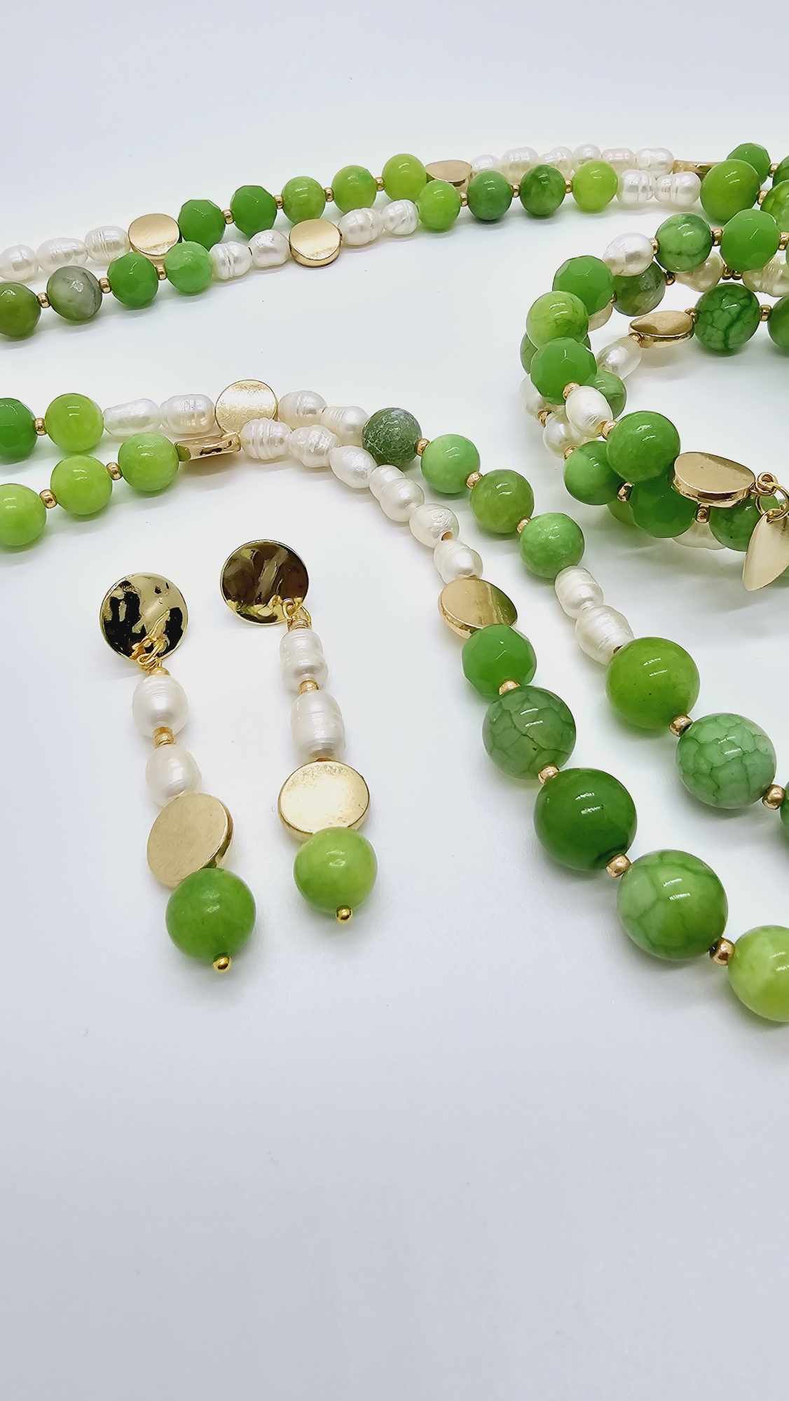 Green agate and freshwater pearl necklace set! (1245 Influencer)