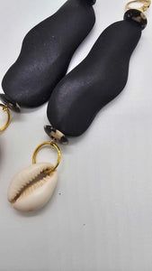 Black Bean Shape Wood and Cowrie Shell Earrings (Ethnix 1467)