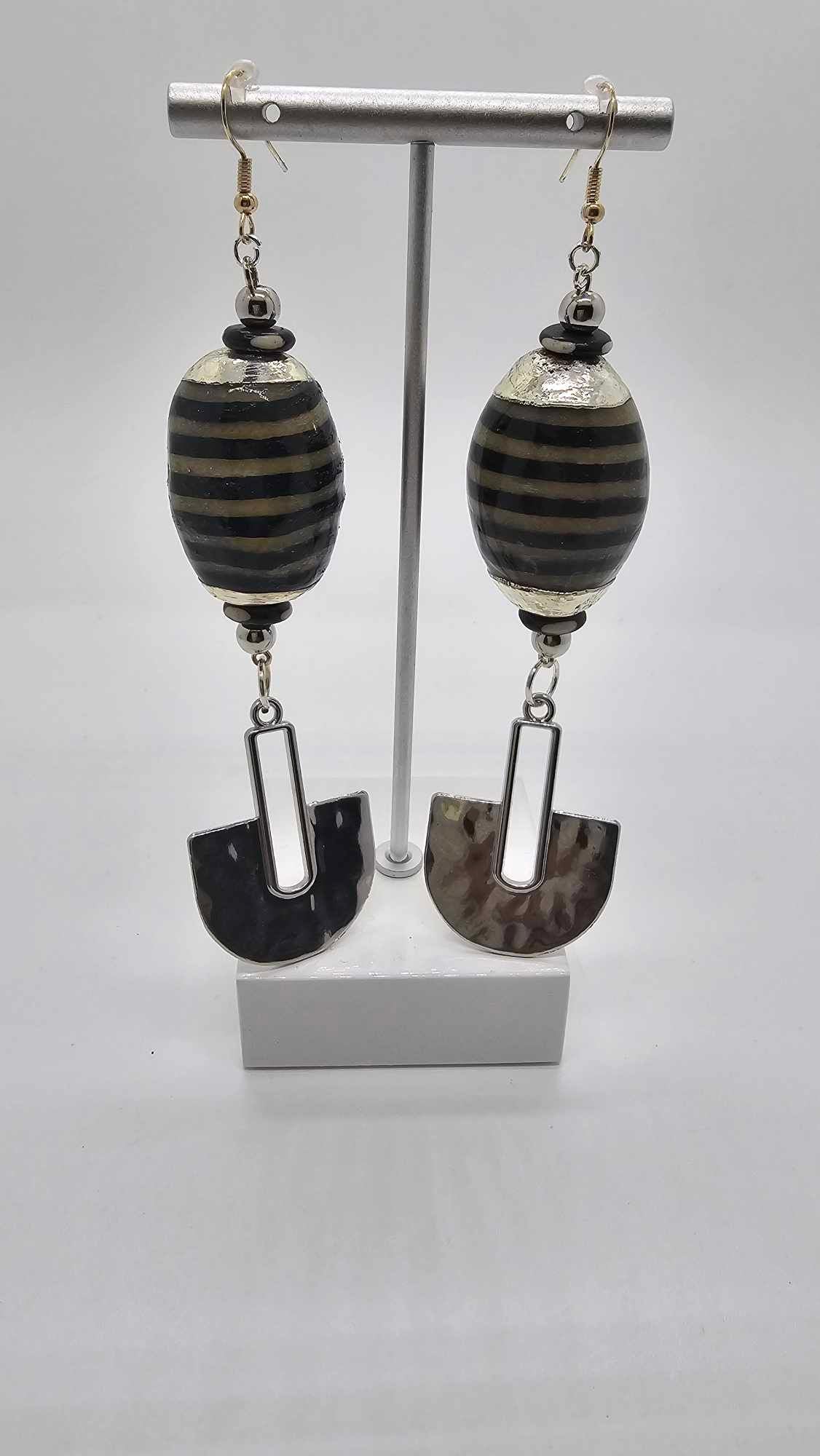 Black Striped and Silver Charm Earrings (Ethnix 1468)