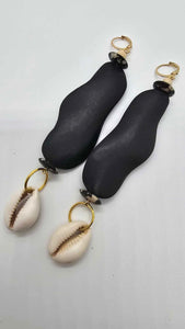 Black Bean Shape Wood and Cowrie Shell Earrings (Ethnix 1467)