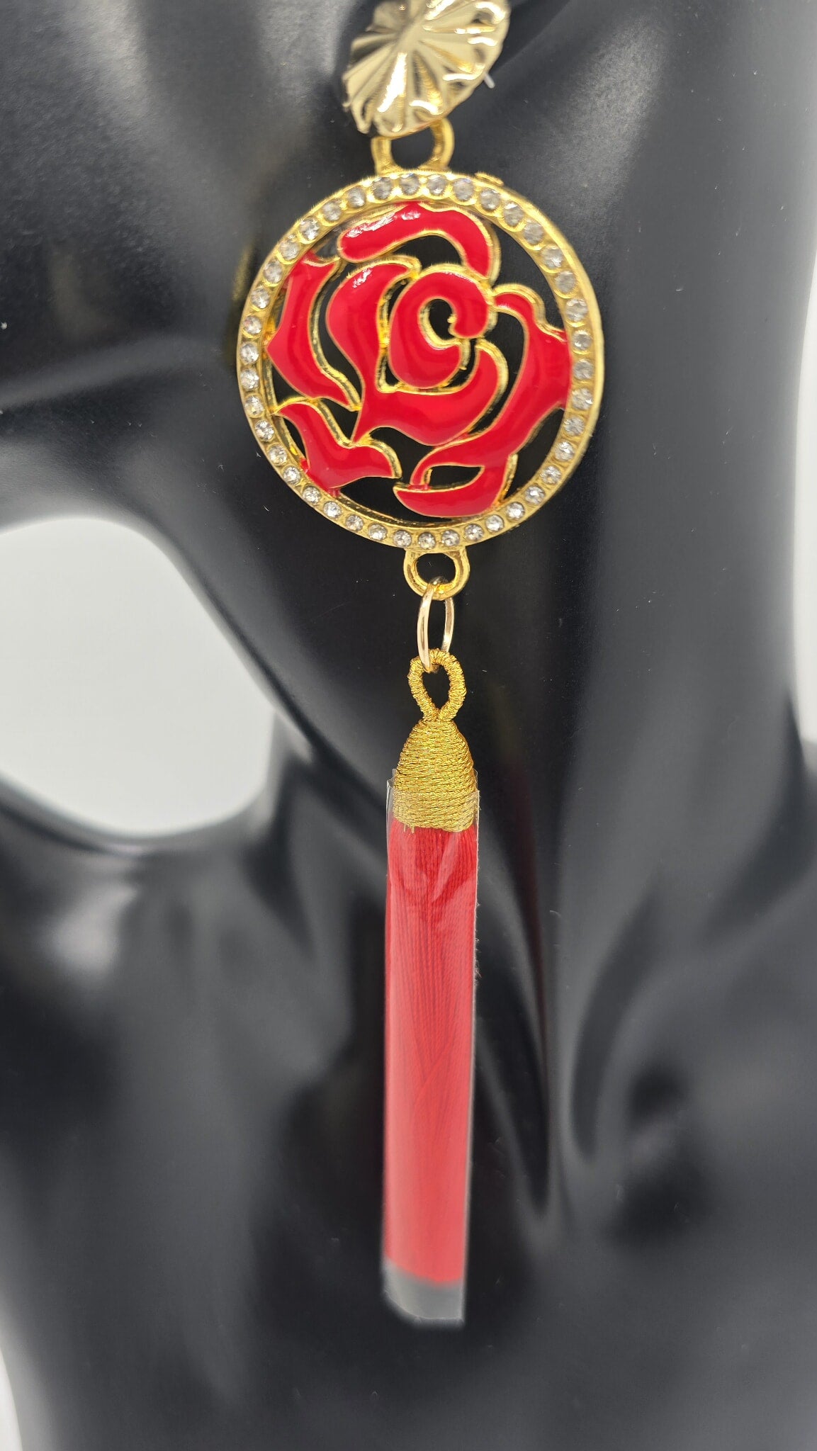 Crimson Bloom Tassel Earrings (Mosaic 1689)