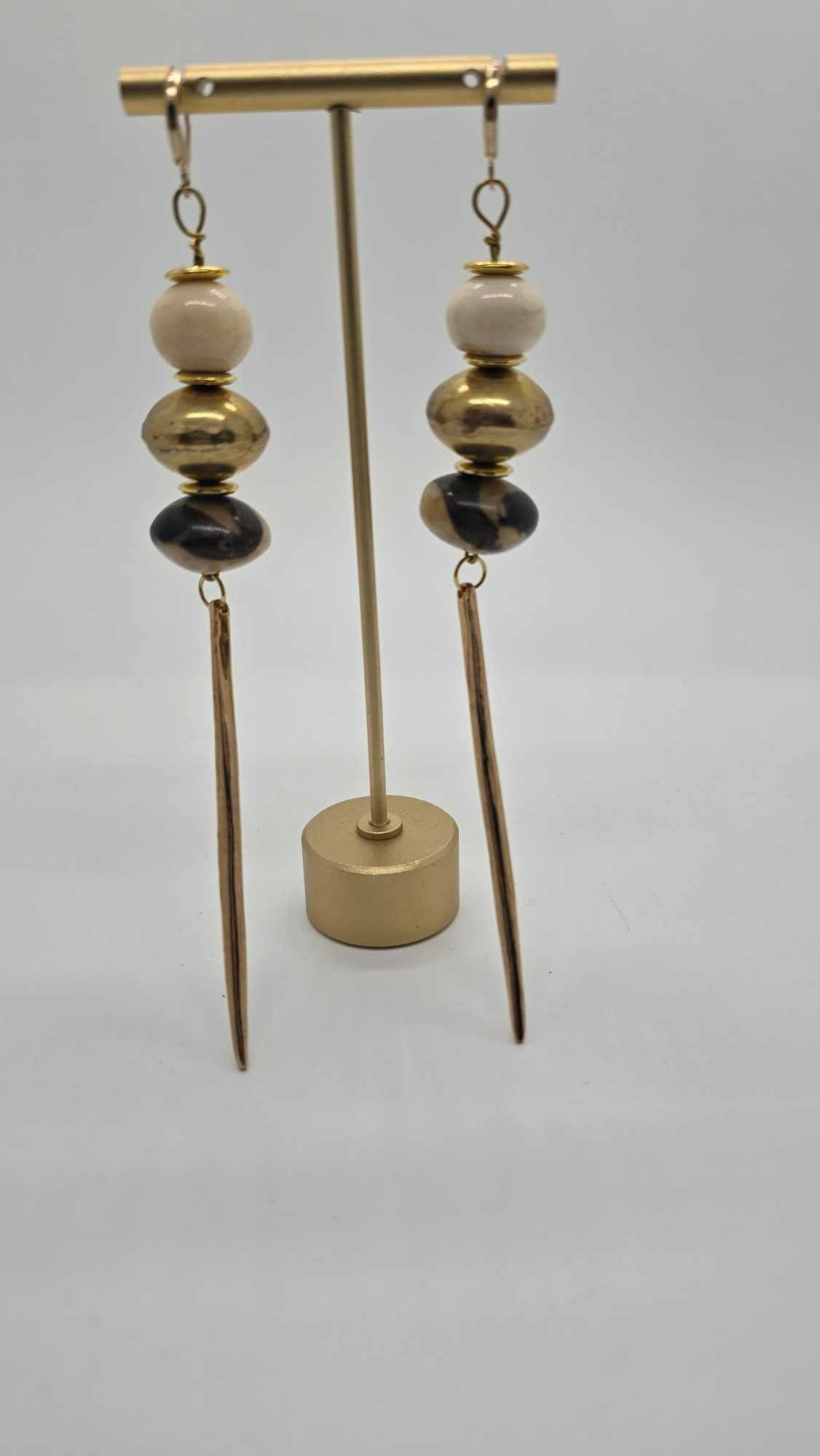 Brass, Ivory and Animal Print Bone Beads Earrings (Gold Rush 1472)