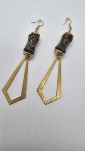 Copper and Green Agate Beaded and Brass Hammered Charm Earrings (Gold Rush 1471)