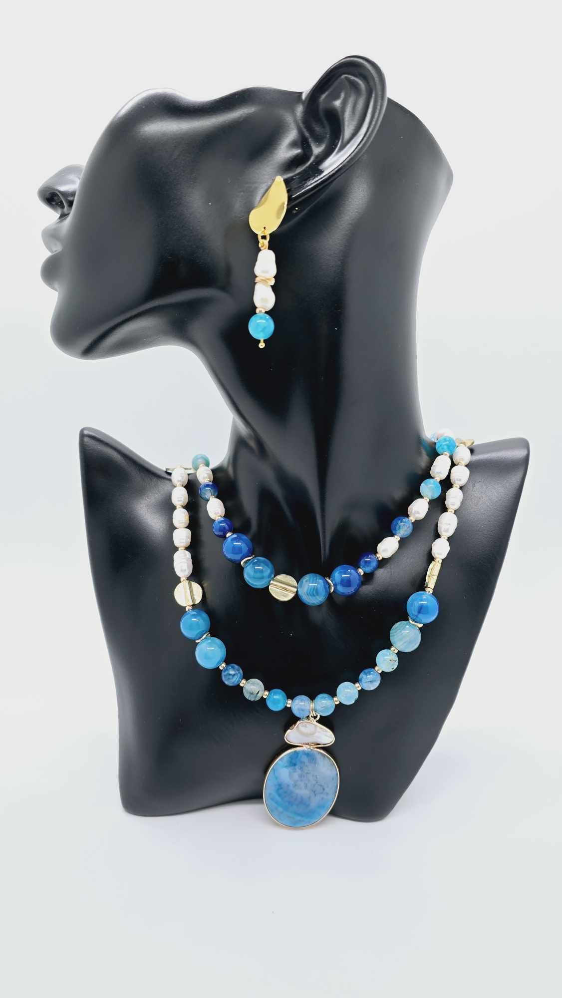 Lake blue agate and freshwater pearl necklace set! (1244 Influencer)