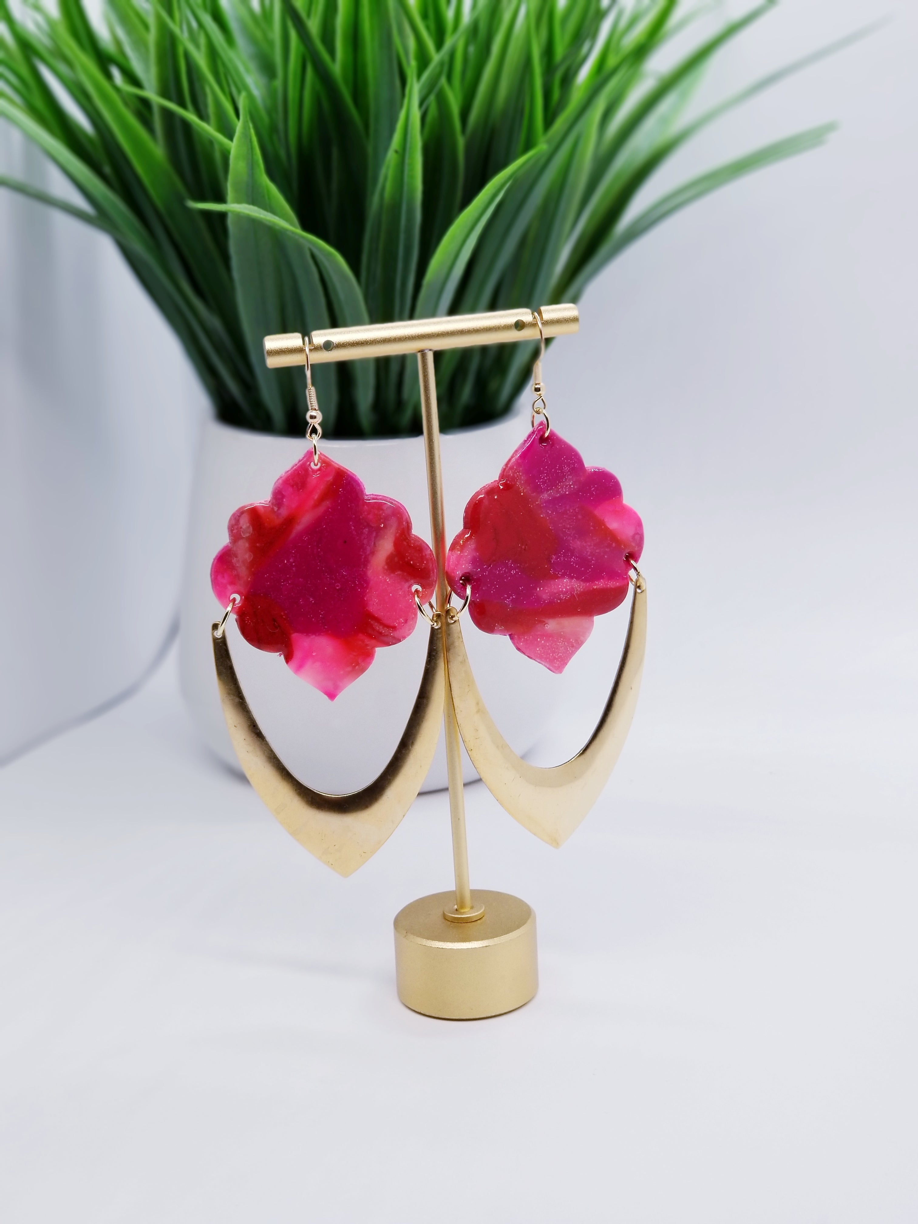 Length: 3.5 inches | Weight: 0.7 ounces   Designed just for you! The earrings are handmade using red pink and swirl gold resin scalloped design, gold arch charm, gold jump rings, gold head pins, and hypoallergenic hooks with back closures. 