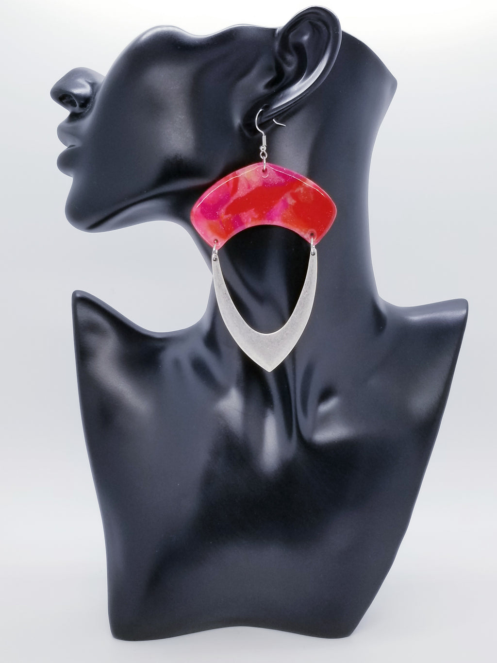 Length: 4.5 inches | Weight: 0.8 ounces   Designed just for you! The earrings are handmade using red pink and swirl gold resin scalloped design, silver brushed arch charm, silver jump rings, silver head pins, and hypoallergenic hooks with back closures. 