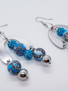 Length: 3 inches | Weight: 0.6 ounces  Designed just for you! The earrings are handmade using speckled black and aqua matte beads, aqua pave ball spacers, silver u-shaped charm, silver metal beads, silver head pins, and hypoallergenic hooks with back closures. 