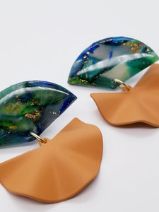 Length: 3 inches | Weight: 0.6 ounces  Designed just for you! The earrings are handmade using blue and green gold swirl resin design, matte cognac fan charm, and hypoallergenic hooks with back closures. 