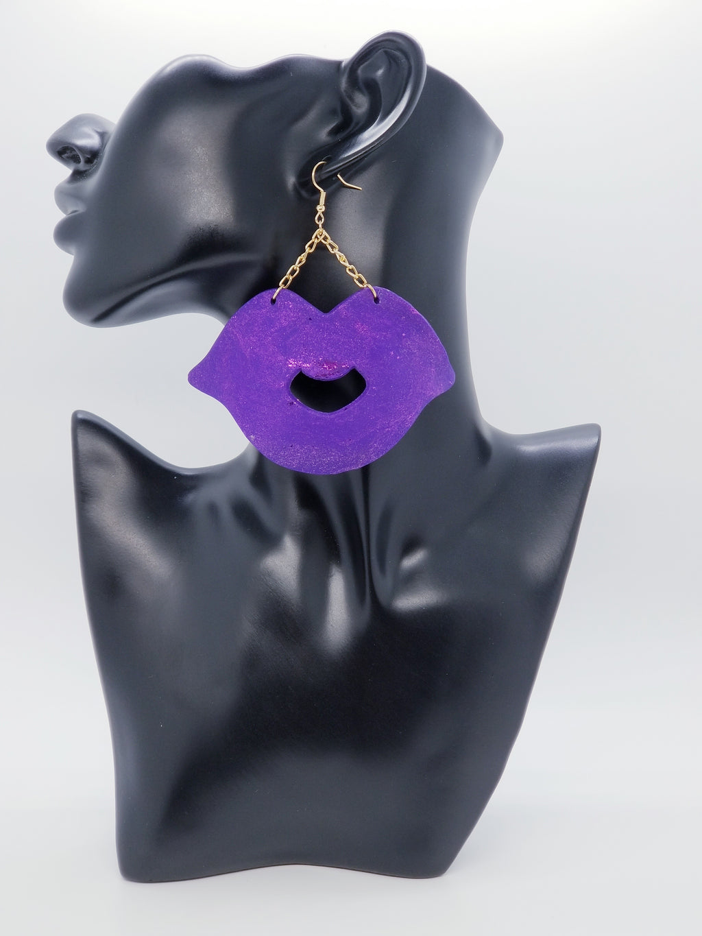 Length: 4 inches | Weight: 0.8 ounces   Designed just for you! The earrings are handmade using purple polymer clay lip shaped design, gold chains, gold jump rings, and hypoallergenic hooks with back closures. 
