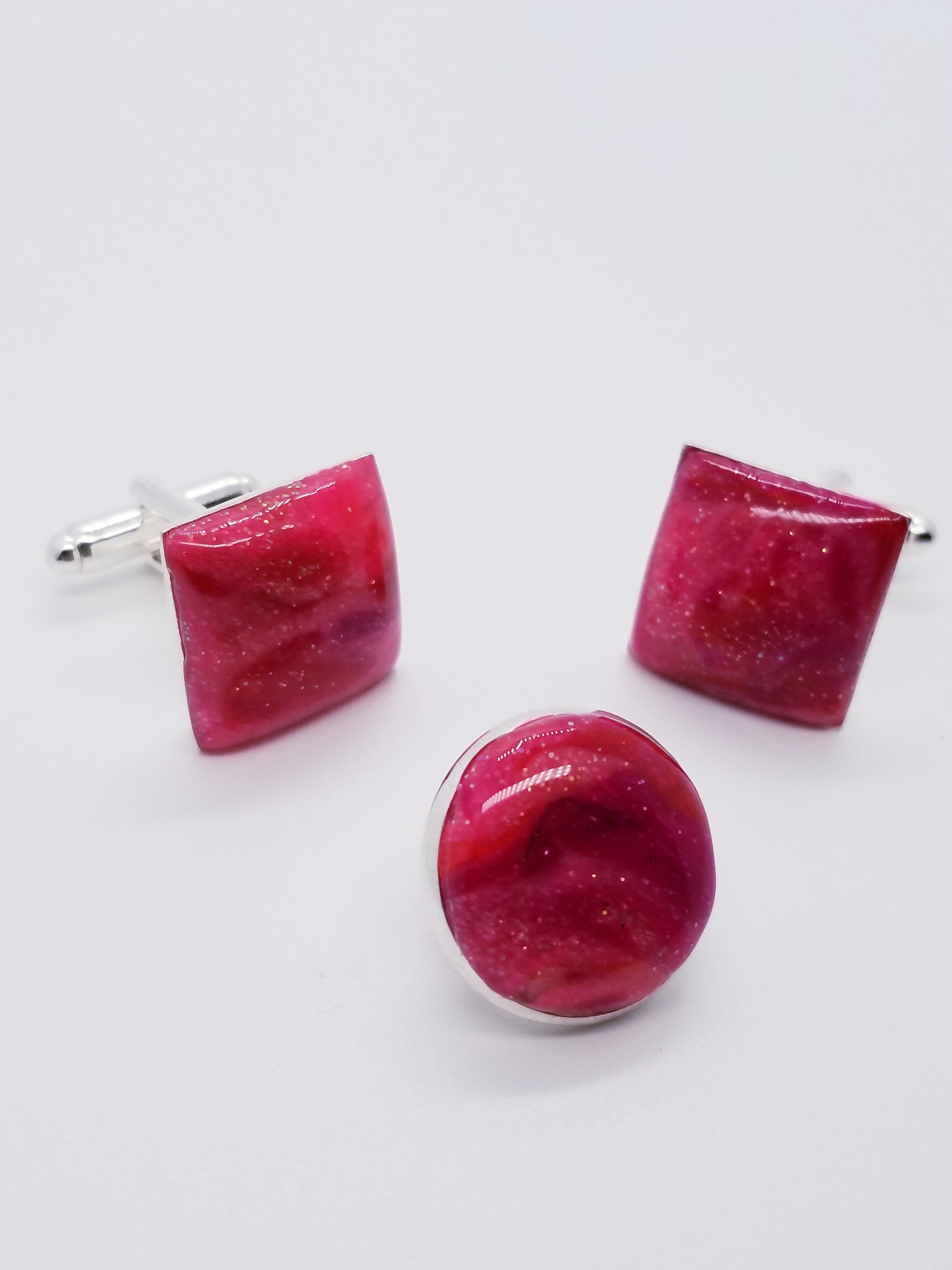 Length: 1 inches | Weight: 0.4 ounces  Designed just for you! The silver cufflinks and lapel set, cuff button red and gold flake polymer clay with resin overly Cabochon design. Metal is high polish finish and plating, stylish simple design, comfortable to wear, and  fits well. 
