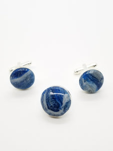 Length: 1 inches | Weight: 0.4 ounces  Designed just for you! The silver cufflinks and lapel set, cuff button blue and white swirl with silver flake polymer clay with resin overly Cabochon design. Metal is high polish finish and plating, stylish simple design, comfortable to wear, and  fits well. 