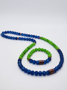 Bracelet: Length- 7.75 inches | Weight: 1 ounce  Necklace: Length- 31 inches | 3.7 ounces  Distinctly You! This necklace and bracelet set is handmade using 10mm navy matte beads, 10mm lime green beads, copper Czech beads, cooper waffle spacer beads, necklace uses metal cord, and bracelet uses 8mm latex free clear stretch cord.