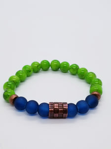 Bracelet: Length- 7.75 inches | Weight: 1 ounce  Necklace: Length- 31 inches | 3.7 ounces  Distinctly You! This necklace and bracelet set is handmade using 10mm navy matte beads, 10mm lime green beads, copper Czech beads, cooper waffle spacer beads, necklace uses metal cord, and bracelet uses 8mm latex free clear stretch cord.